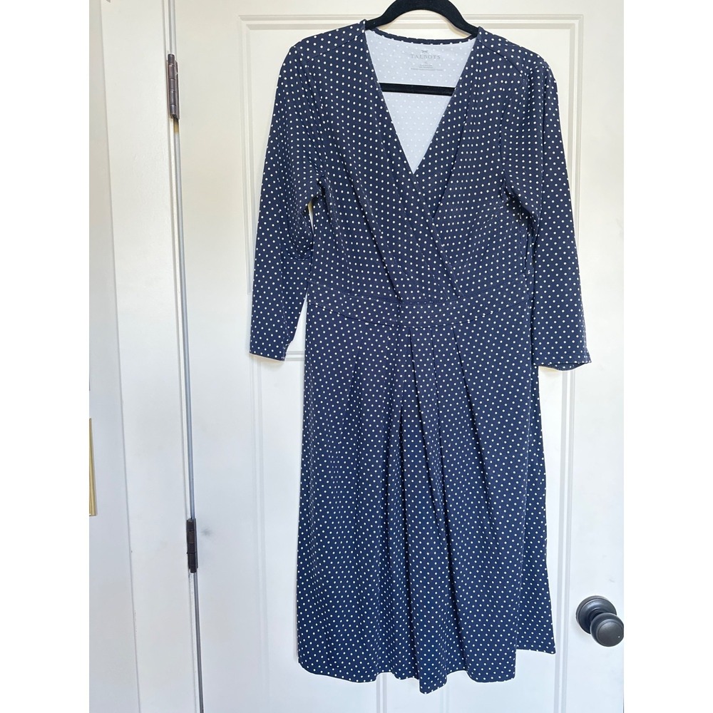 Talbots Dress Womens 10 Midi Faux Wrap Dot Navy Fit Flare  Long Sleeves‎ Stretch